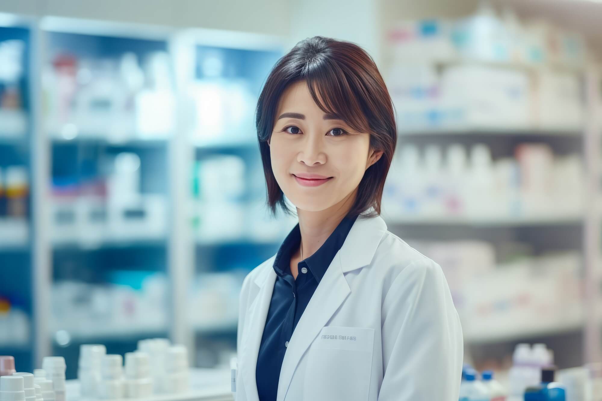 正面を見つめる女性薬剤師